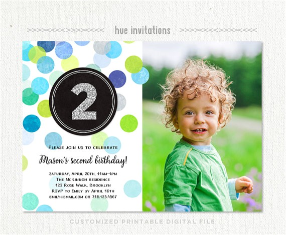 Second Birthday Invitation Boy 2nd Birthday Invitation Boy Blue Green Silver Glitter Second