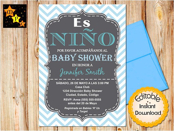 Spanish Baby Shower Invitation Spanish Baby Shower Invitation Boy Chevron Blue Editable
