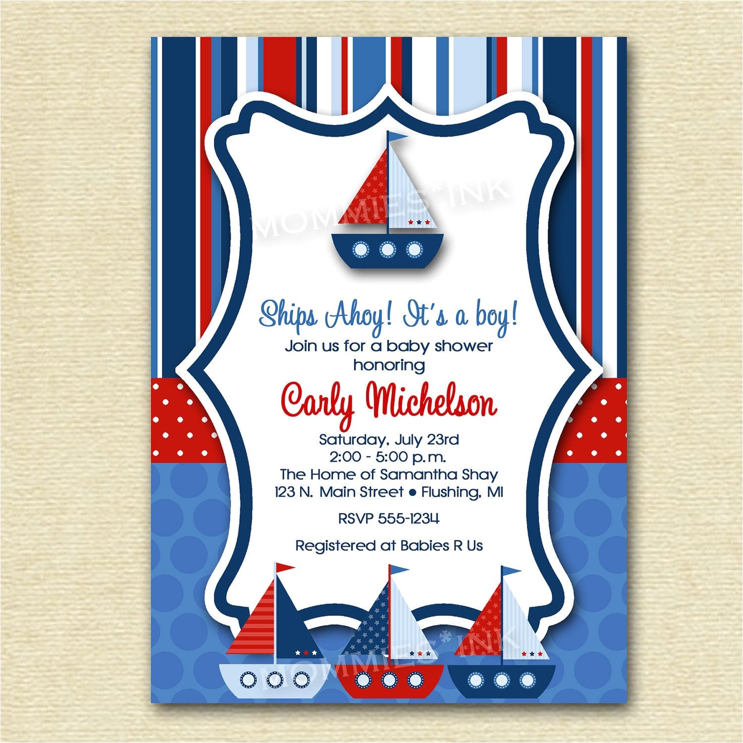 Sprinkle Birthday Party Invitations Ships Ahoy Sailboat Baby Shower or Birthday Party
