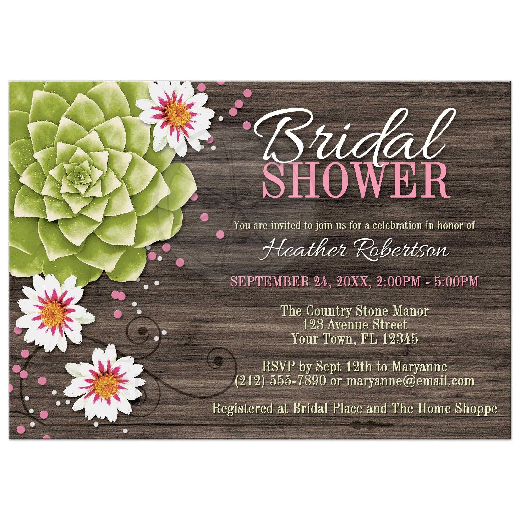 Succulent Bridal Shower Invitations Bridal Shower Invitations Rustic Succulent Floral Wood Pink