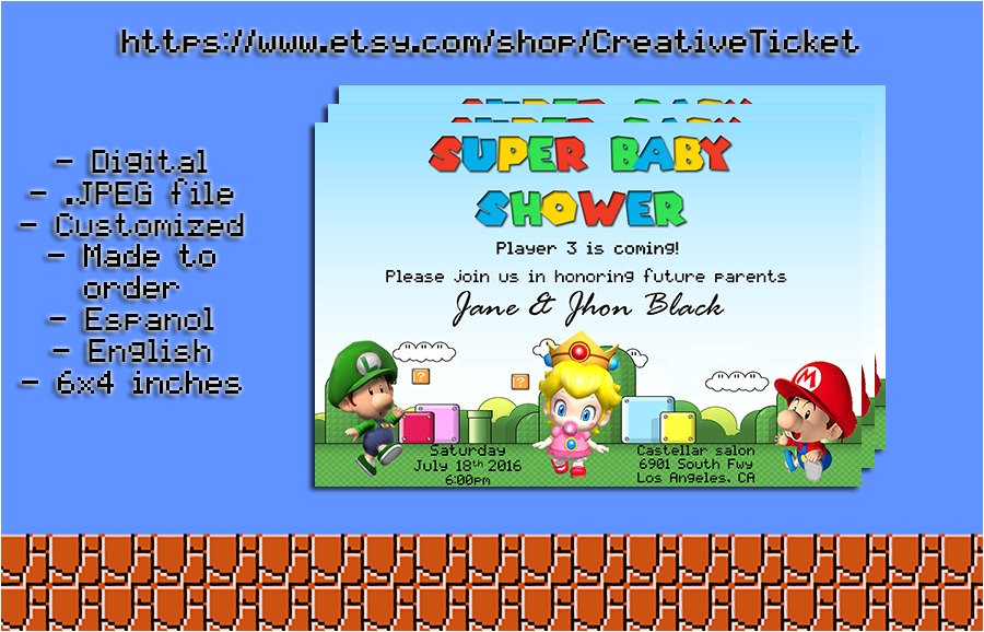 Super Mario Brothers Baby Shower Invitations Super Mario Bros Baby Shower Invitation 6×4 In by