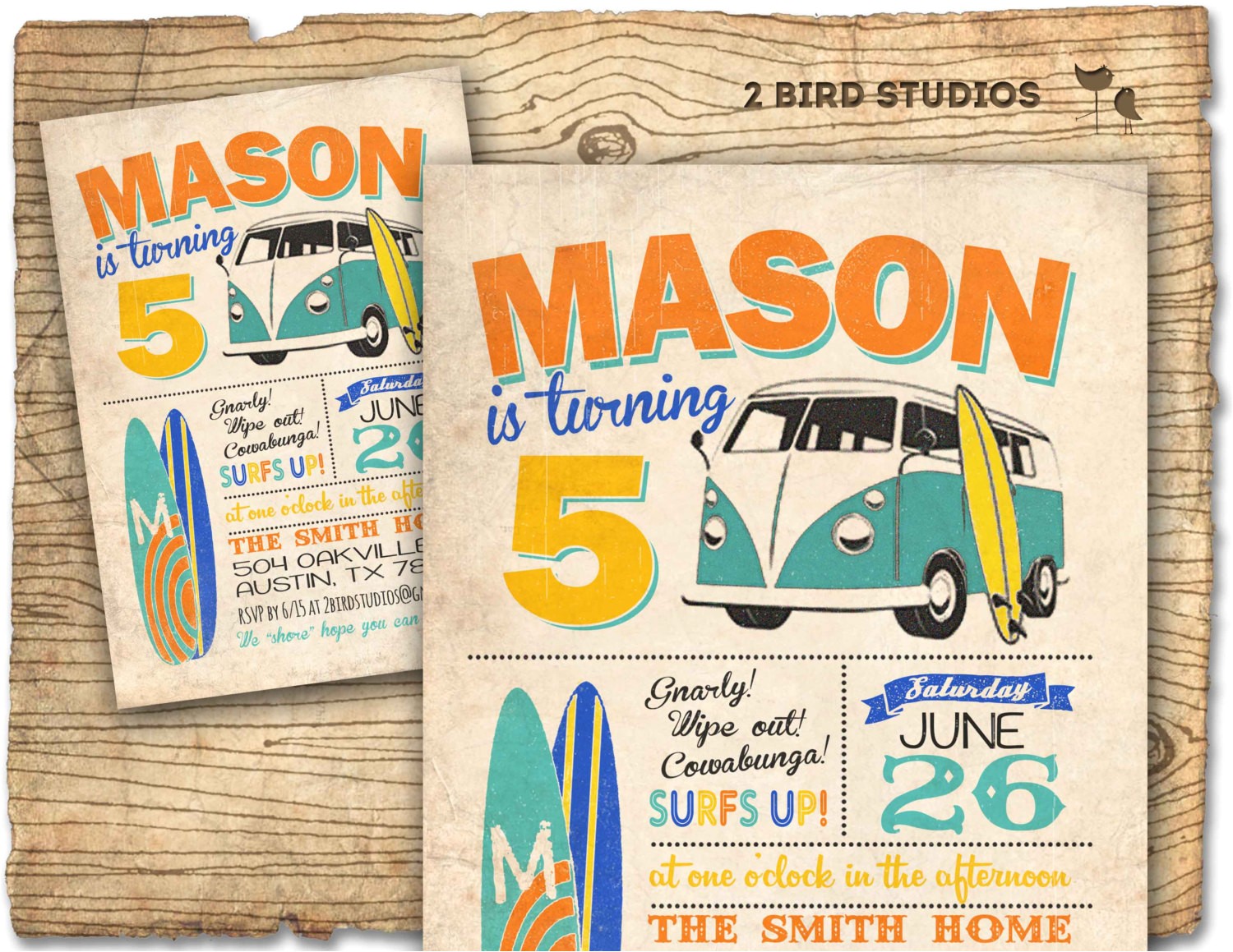 Surf Birthday Party Invitations Surf Invite Surfboard Invitation with Camper Van Vintage
