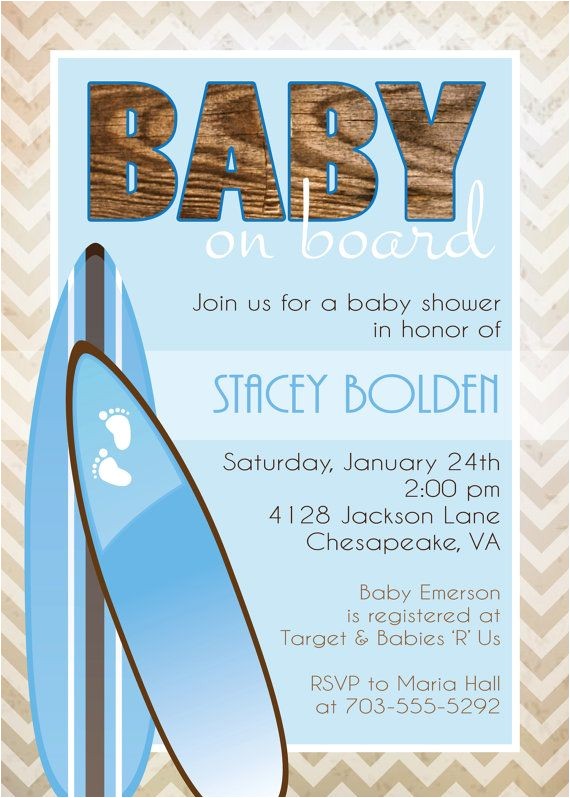 Surfer Boy Baby Shower Invitations Baby On Board Surf themed Baby Shower Invitation