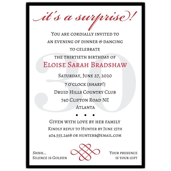 Surprise 30th Birthday Party Invitation Wording Classic 30th Birthday Red Surprise Invitations