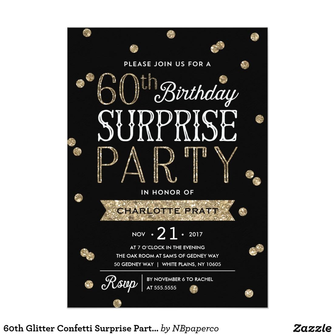 Surprise Birthday Brunch Invitations 60th Glitter Confetti Surprise Party Invitation