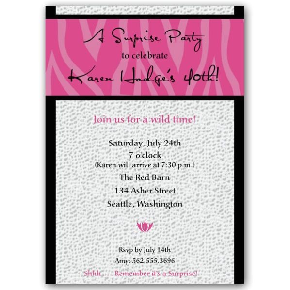Surprise Birthday Brunch Invitations Pink Zebra On Snakeskin Surprise Birthday Invitations