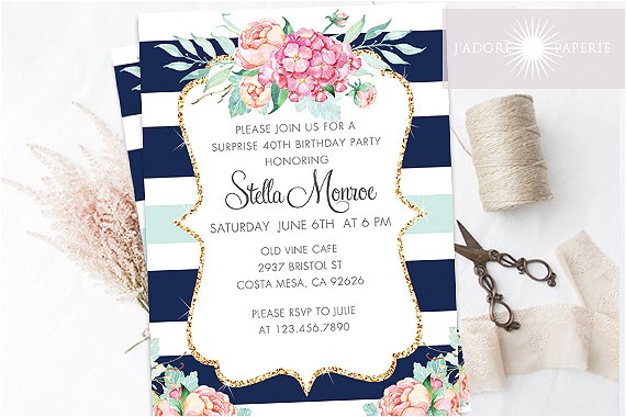 Surprise Birthday Brunch Invitations Surprise Birthday Invite Birthday Brunch Invitation Floral