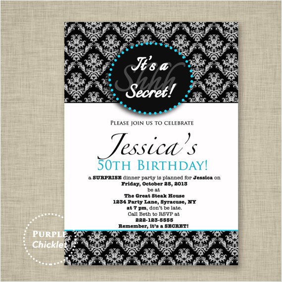 Surprise Birthday Brunch Invitations Surprise Party Invitation Black Aqua Damask Birthday