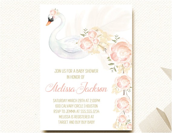 Swan Baby Shower Invitations Baby Shower Invitation Girl Swan Invitations Floral Invite