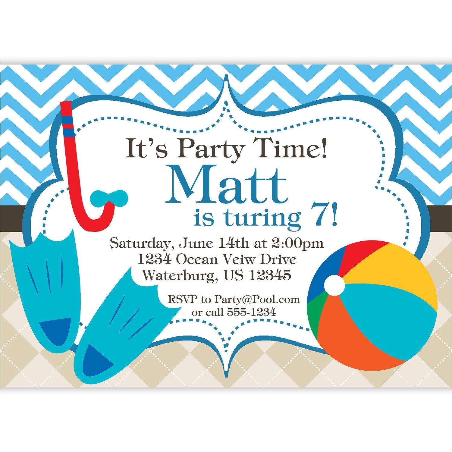 Swimming Pool Party Invitation Free Template Pool Party Invitation Blue Chevron and Tan Argyle Beach