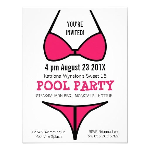 Swimsuit Party Invitations Bikini Girl Sweet 16 Pool Party Card