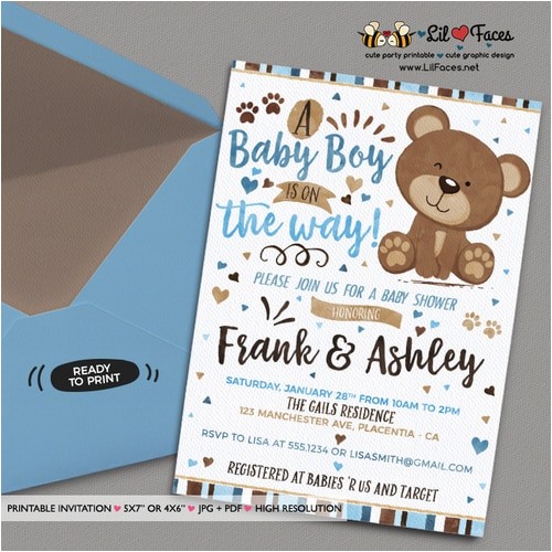Teddy Bear Invitations for Baby Shower Blue and Brown Little Bear Baby Shower Invitation