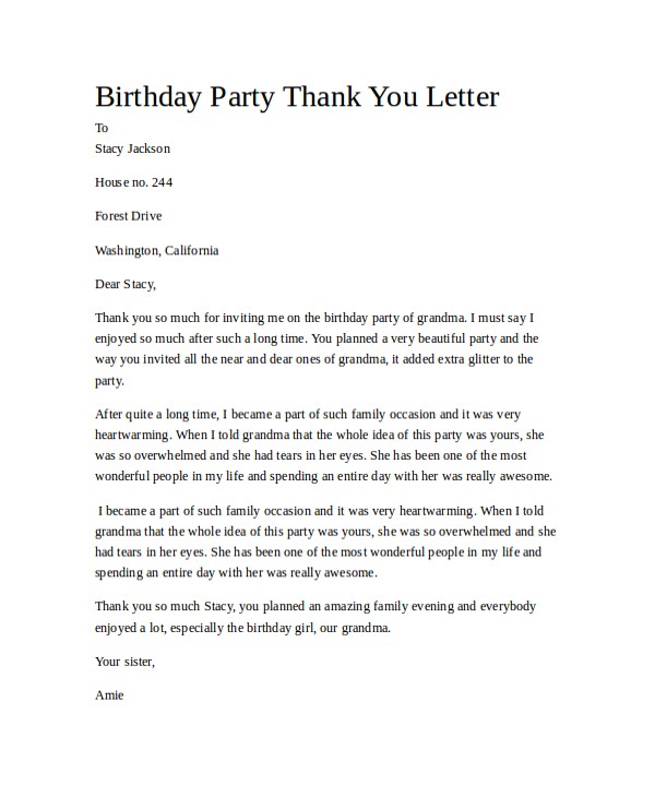 Thank You Letter for Invitation to Birthday Party 22 Sample Thank You Letters Sample Templates