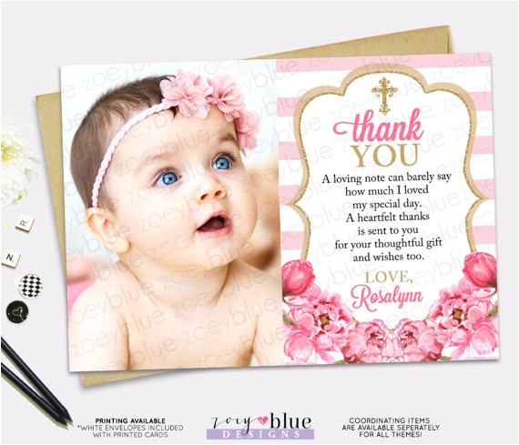 Thank You Message for Baptism Invitation Pink Gold Thank You Card Girl Floral Picture Thank You