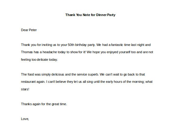 Thanks for Inviting Us to Your Party 8 Thank You Note for Dinner – Free Sample Example