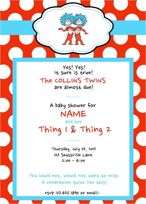 Thing 1 and Thing 2 Baby Shower Invitation Template Dr Seuss Thing 1 & Thing 2 Baby Shower Invitations by