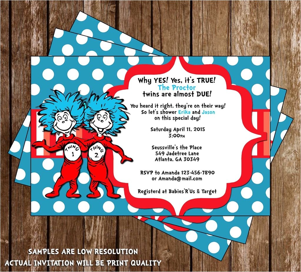 Thing One and Thing Two Baby Shower Invitations Novel Concept Designs Thing 1 and Thing 2 Twins Baby