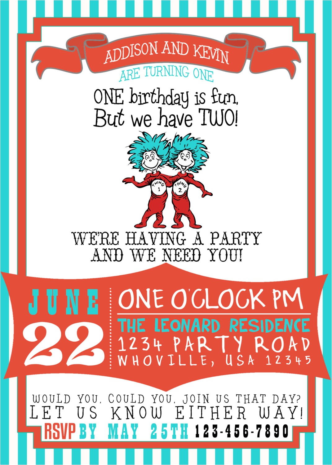Thing One Thing Two Birthday Invitations Dr Suess Thing 1 Thing 2 Birthday Invitation by