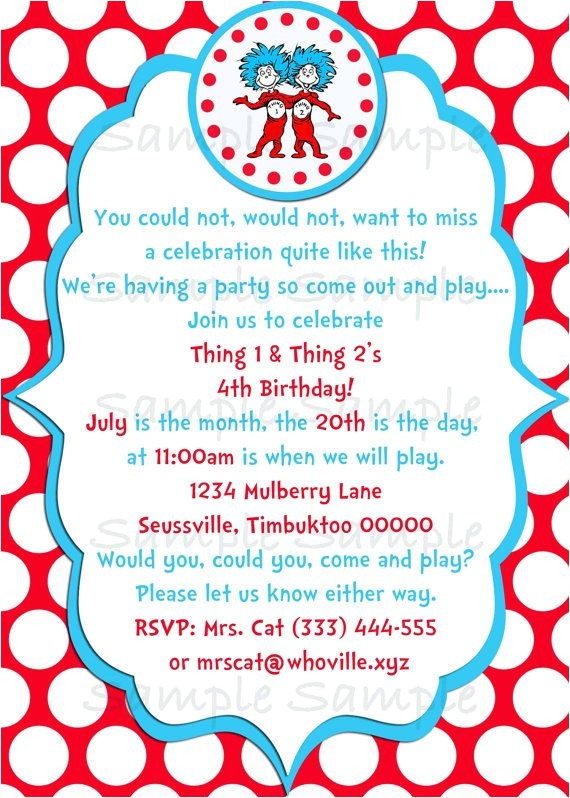 Thing One Thing Two Birthday Invitations Seuss Thing 1 Thing 2 Birthday Party Invitation Printable