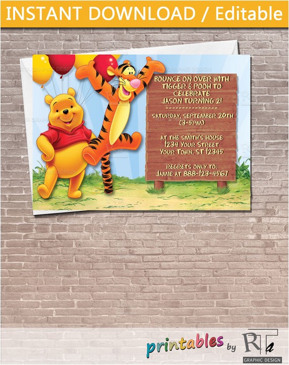 Tigger 1st Birthday Invitations Winnie the Pooh and Tigger Party Invitation Download Editable
