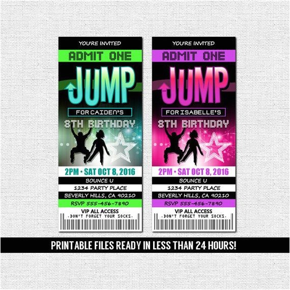 Trampoline Park Birthday Party Invitations Jump Ticket Invitations Bounce House Trampoline Park Neon