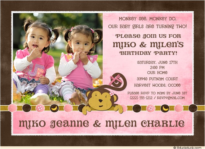 Twins 2nd Birthday Invitation Wording Monkey Girls Birthday Invitation Flowers & Bananas