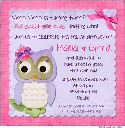 Twins 2nd Birthday Invitation Wording Owl Twin Girl Second Birthday Invitation Pink Purple