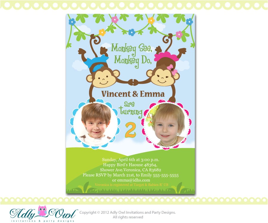 Twins 2nd Birthday Invitation Wording Personalized Twin Invite Second Birthday Invitation Card for