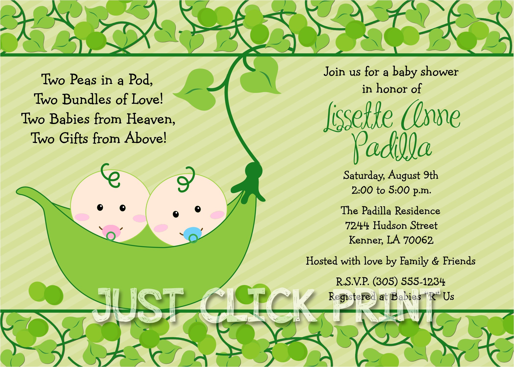 Two Peas In A Pod Baby Shower Invitations for Twins Two Peas In A Pod Baby Shower Invitations for Twins