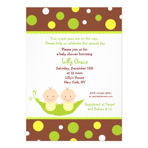 Two Peas In A Pod Baby Shower Invitations for Twins Two Peas In A Pod Twins Baby Shower Invitations 5" X 7