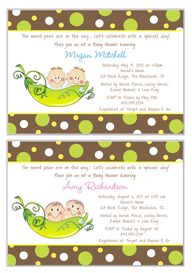 Two Peas In A Pod Baby Shower Invitations for Twins Two Peas In A Pod Twins Baby Shower Invitations Boy Girl