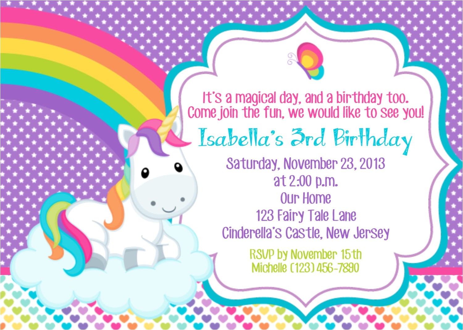 Unicorn Birthday Invitation Wording Unicorn Invitation Personalized Custom Unicorn Rainbow