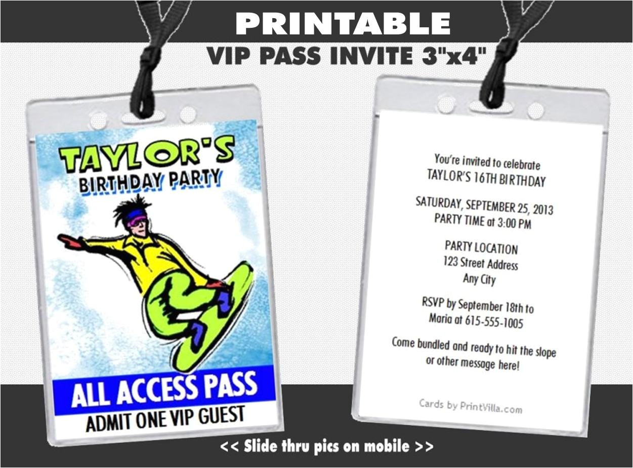 Vip Pass Birthday Invitations Free Snowboarder Vip Pass Invitation Printable Boy Birthday Vip Pass Birthday Invitations Free Snowboarder Vip Pass Invitation Printable Boy Birthday