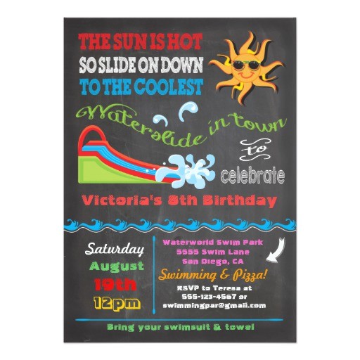 Water Slide Birthday Party Invitations Chalkboard Water Slide Pool Birthday Party 5×7 Paper