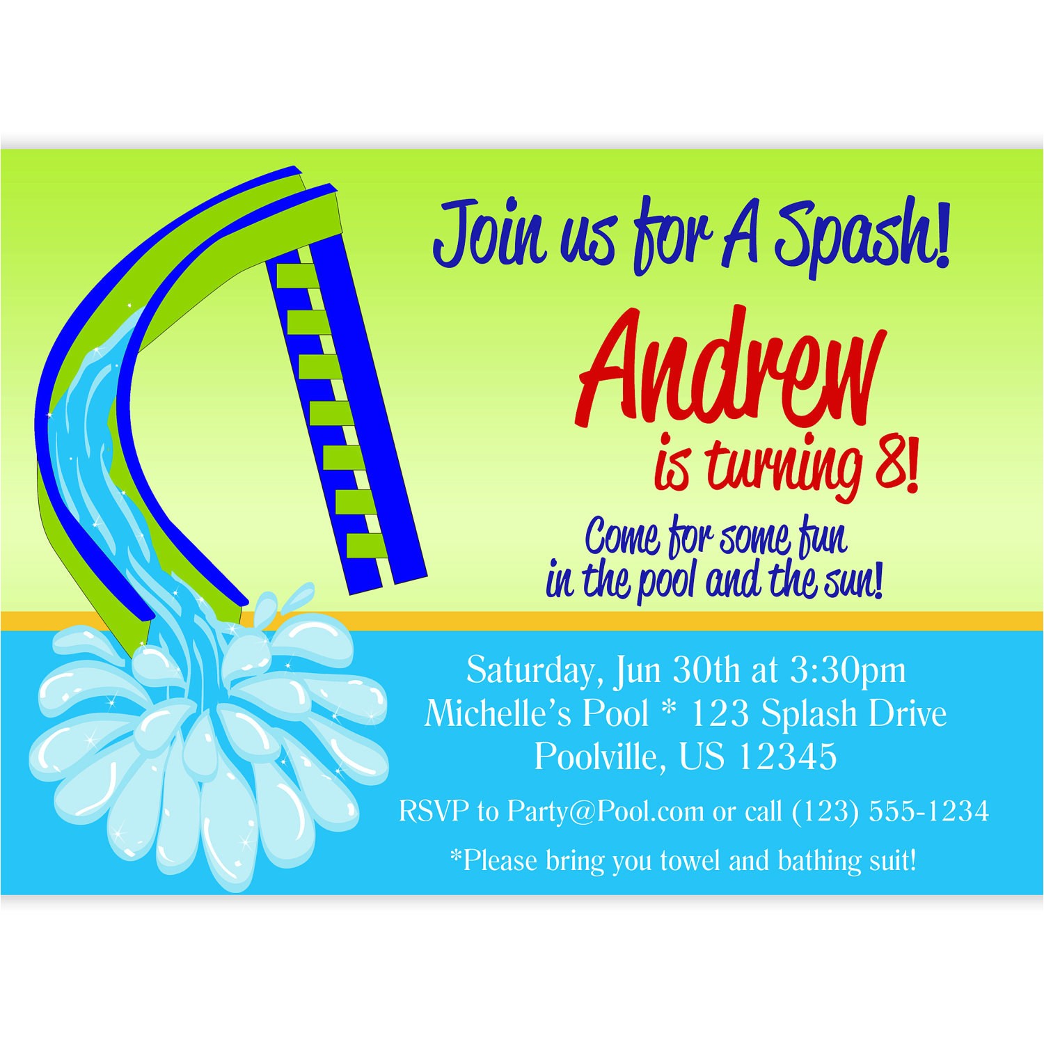 Water Slide Birthday Party Invitations Pool Party Invitation Green Water Slide and Blue Water