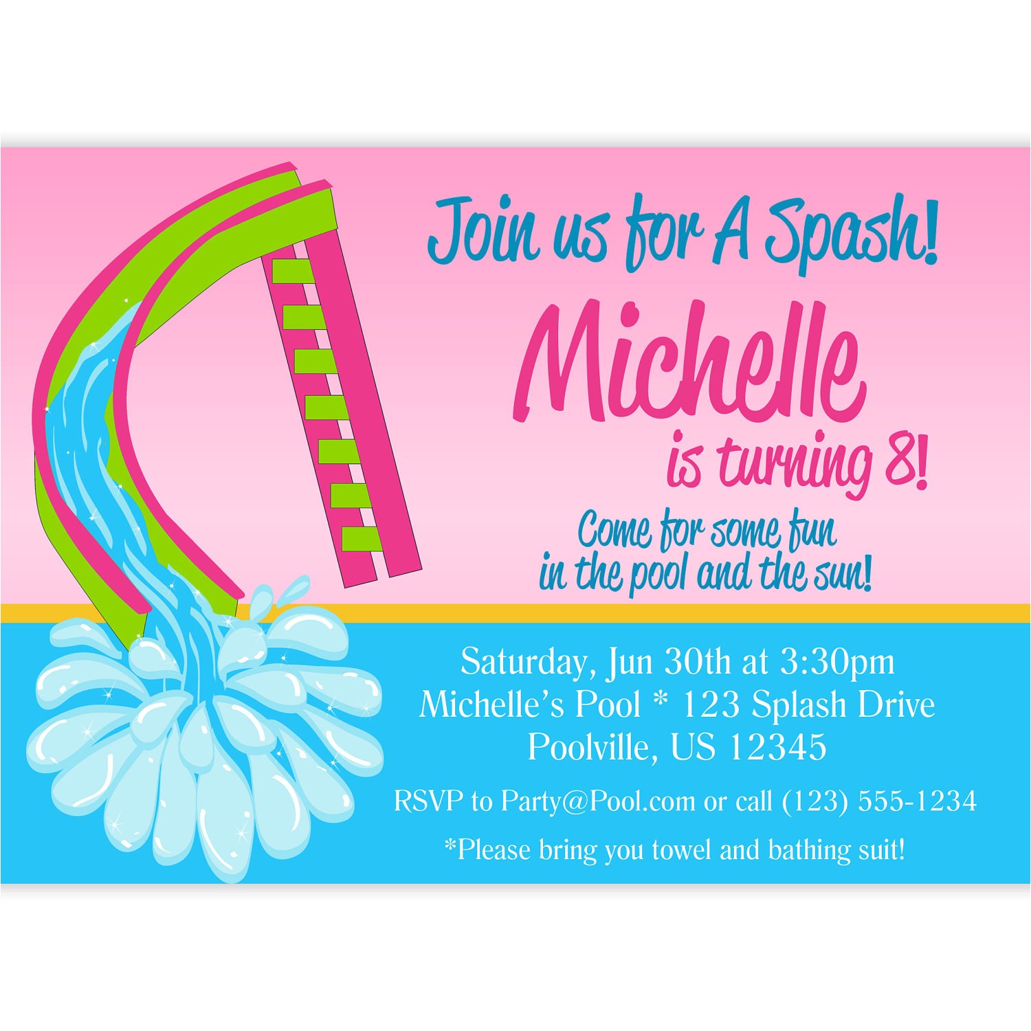Water Slide Party Invitations Wording Pool Invitation Hot Pink Lime Green Water Slide by