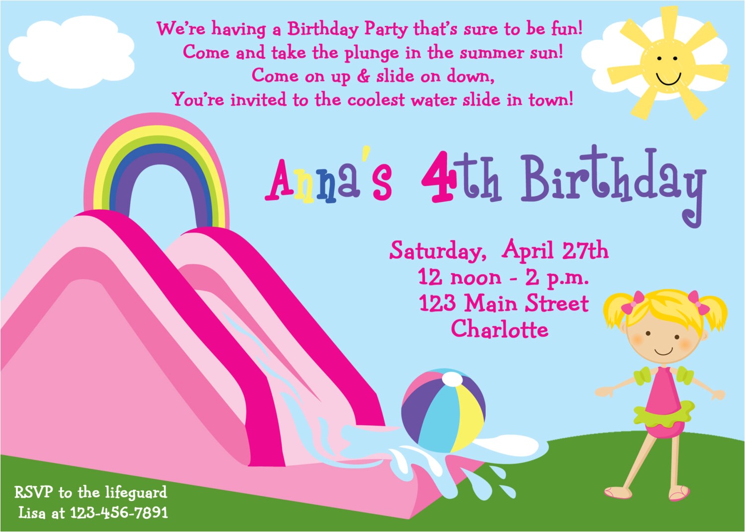 Water Slide Party Invitations Wording Waterslide Party Birthday Invitation Pool by thebutterflypress