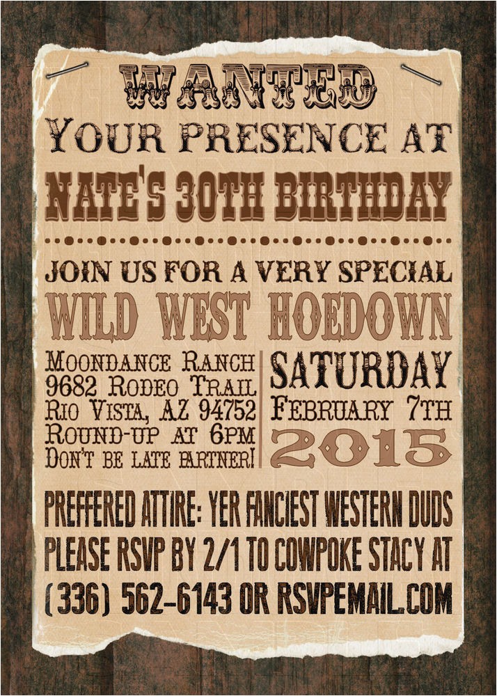 Western Birthday Invitations for Adults Print Your Own Wanted Poster Cowboy Western Adult