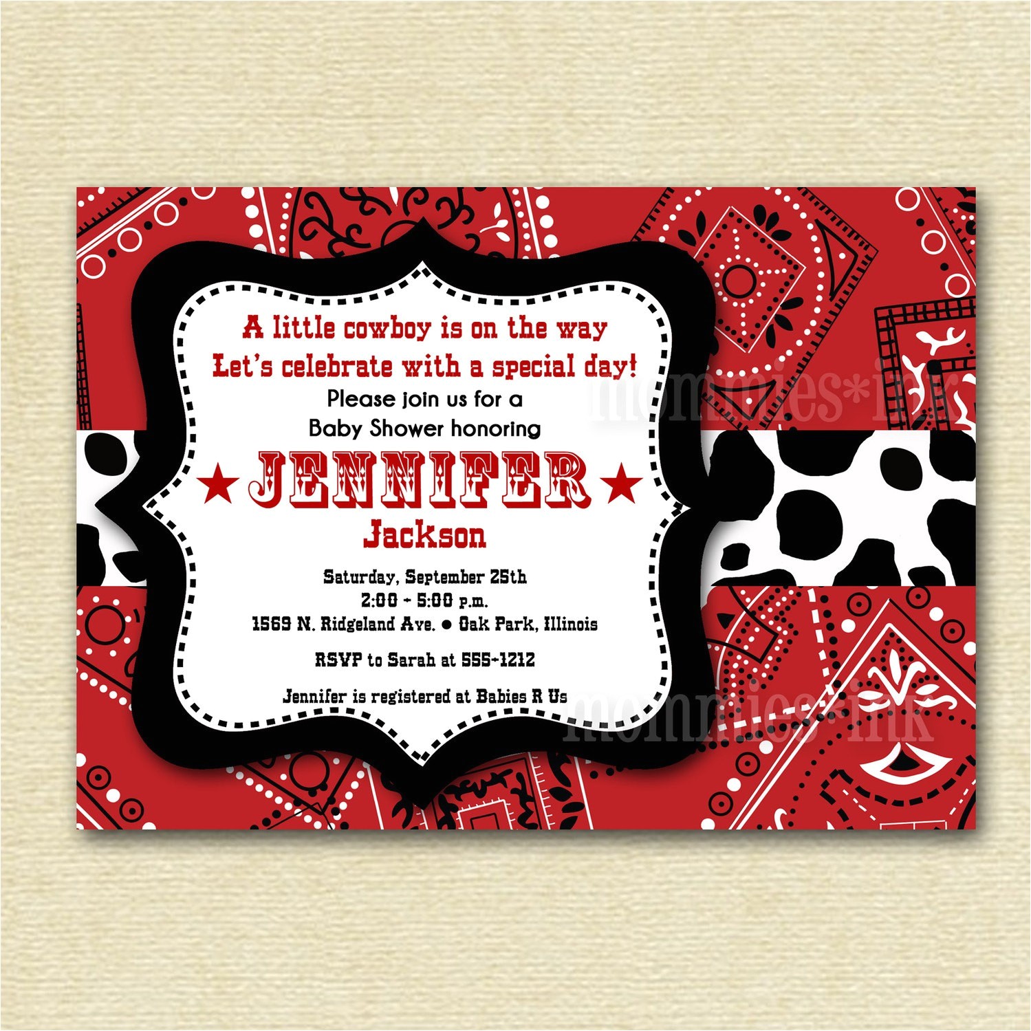 Western theme Baby Shower Invites Baby Shower Invitation Bandana Invitation Bandana by