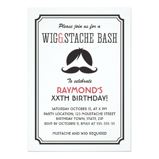 Wig and Mustache Party Invitations Retro Stripes Wig and Mustache Bash Birthday Party 5" X 7