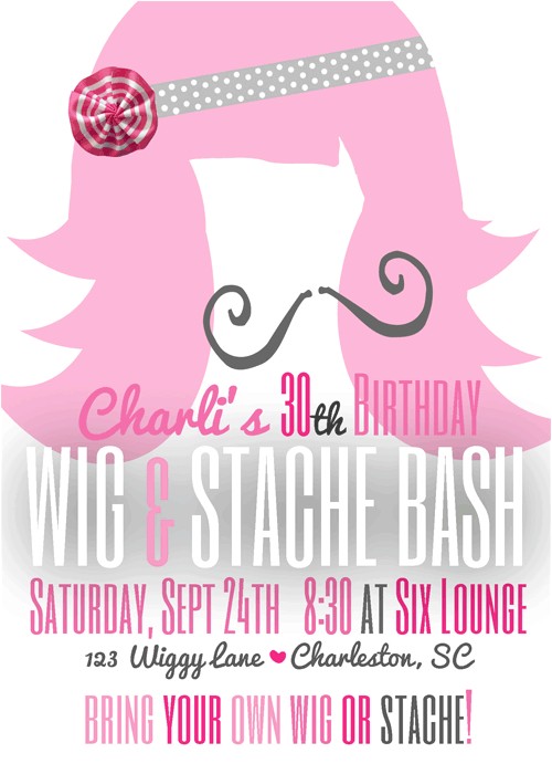 Wig themed Party Invitations Wig and Mustache Bash Wig and Stache Party Invite From
