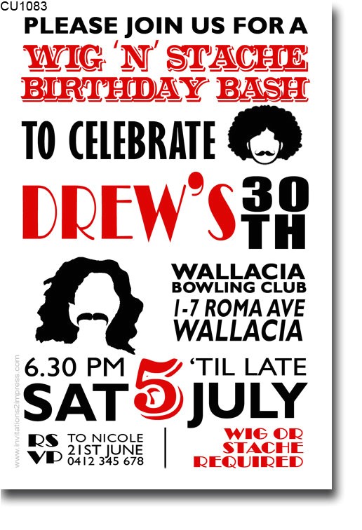 Wig themed Party Invitations Wig and Stache themed Birthday Invitation Printable and