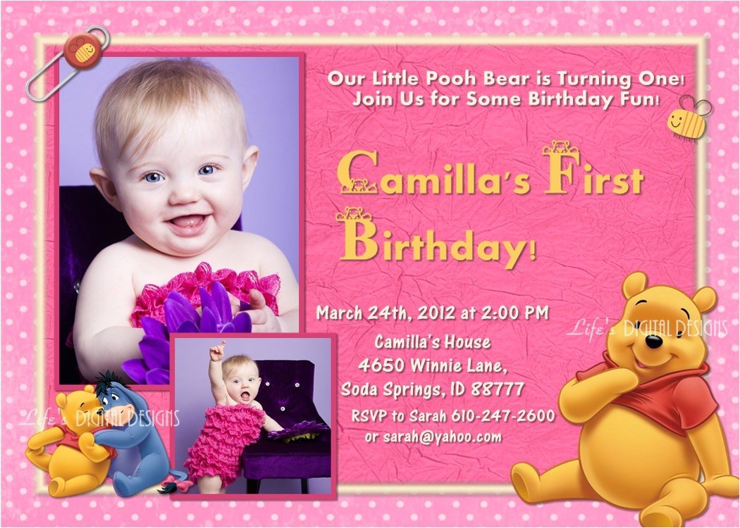 Winnie the Pooh Invites 1st Birthday Winnie the Pooh First Birthday Invitation Pink 1 or 2