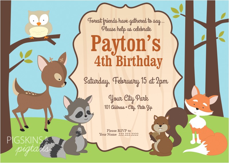 Woodland themed Birthday Invitations forest Friends Woodland theme Birthday Party Pigskins