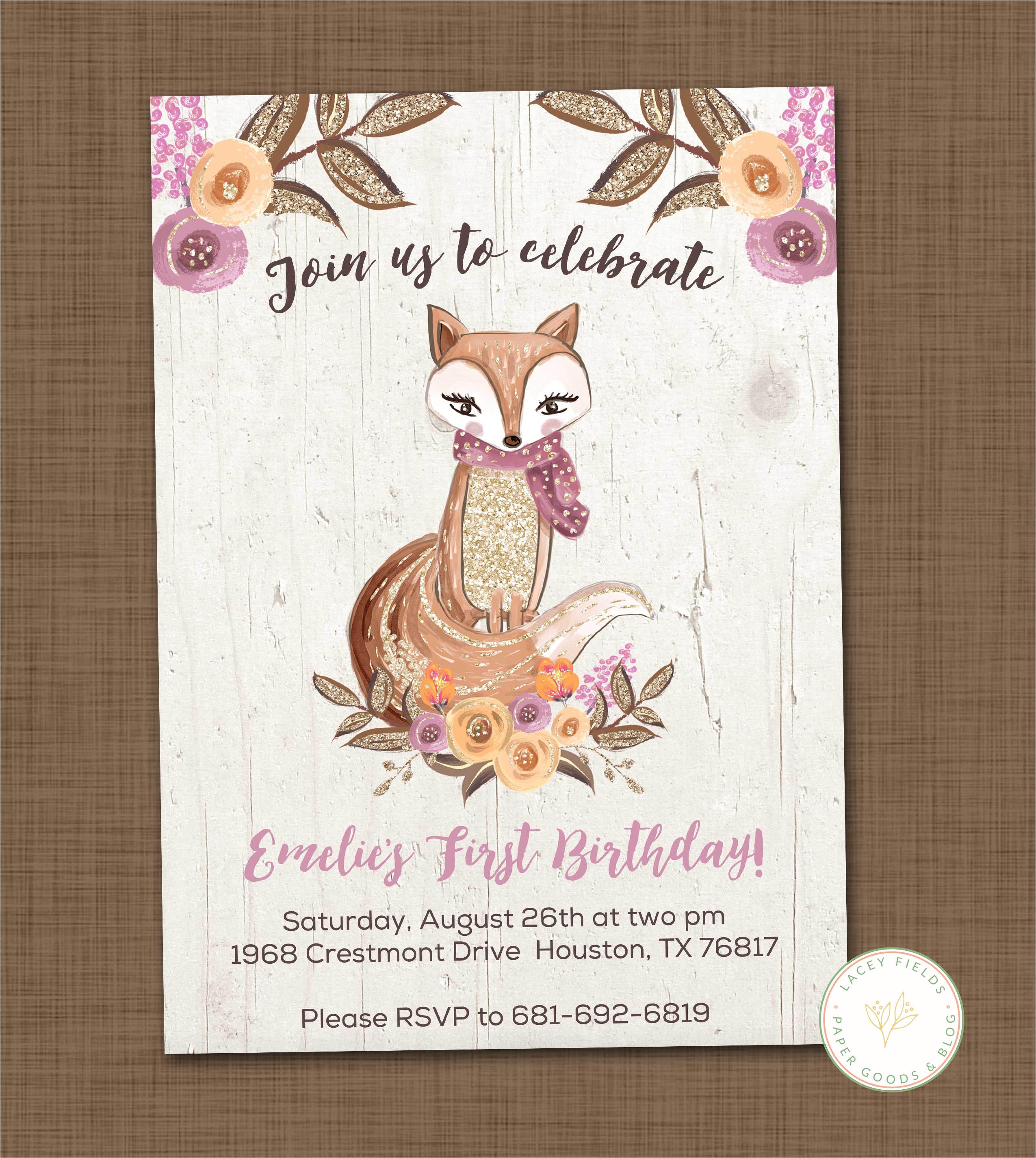 Woodland themed First Birthday Invitations Girls Woodland Birthday Invitation Printable Fox Birthday