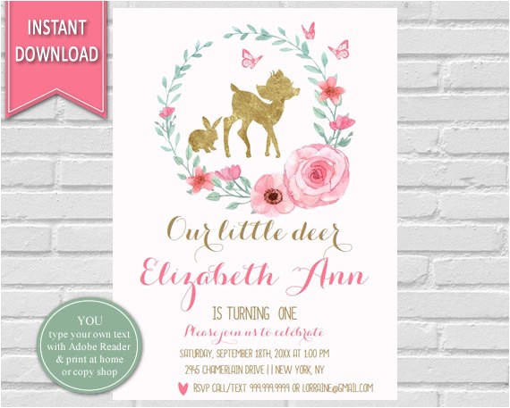 Woodland themed First Birthday Invitations Little Deer First Birthday Deer Woodland Birthday