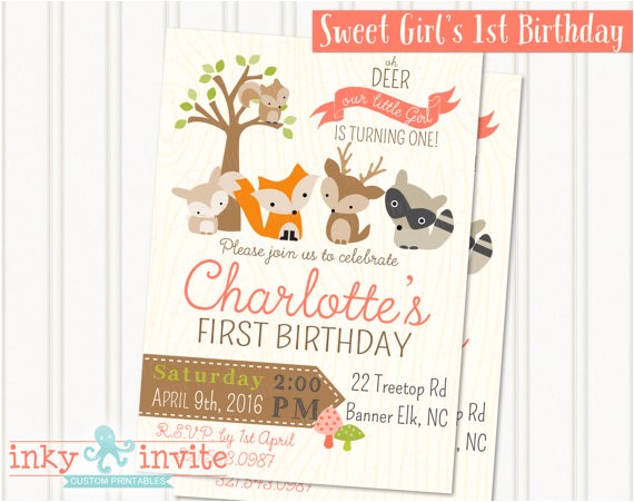 Woodland themed First Birthday Invitations Little Girl S Woodland 1st Birthday Party Invitation
