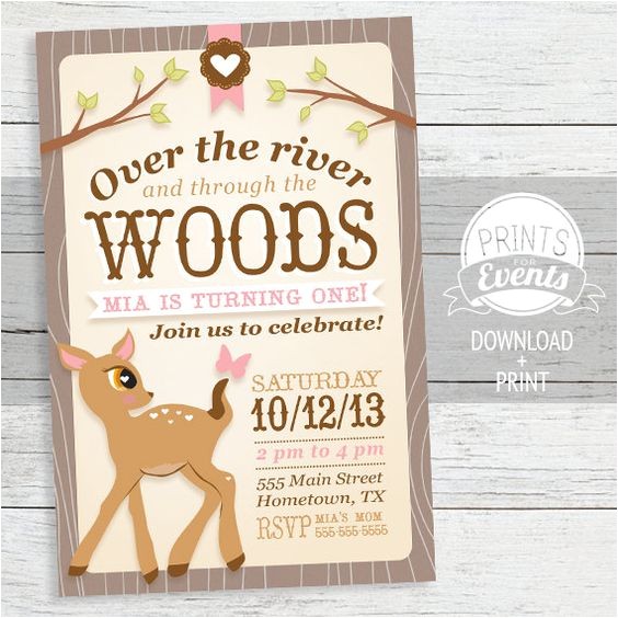 Woodland themed First Birthday Invitations Woodland Deer Birthday Invitation First Birthday