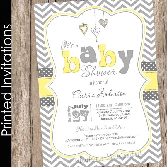 Yellow Gray Baby Shower Invitations Printed Neutral Yellow and Grey Baby Shower Invitation