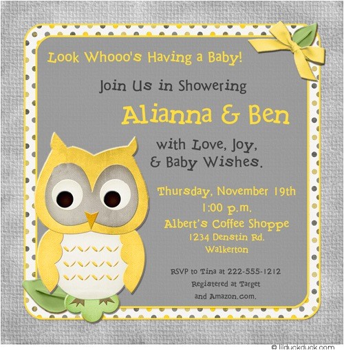 Yellow Gray Baby Shower Invitations whoo Baby Shower Invitation Surprise Owl Joy Chic Wood